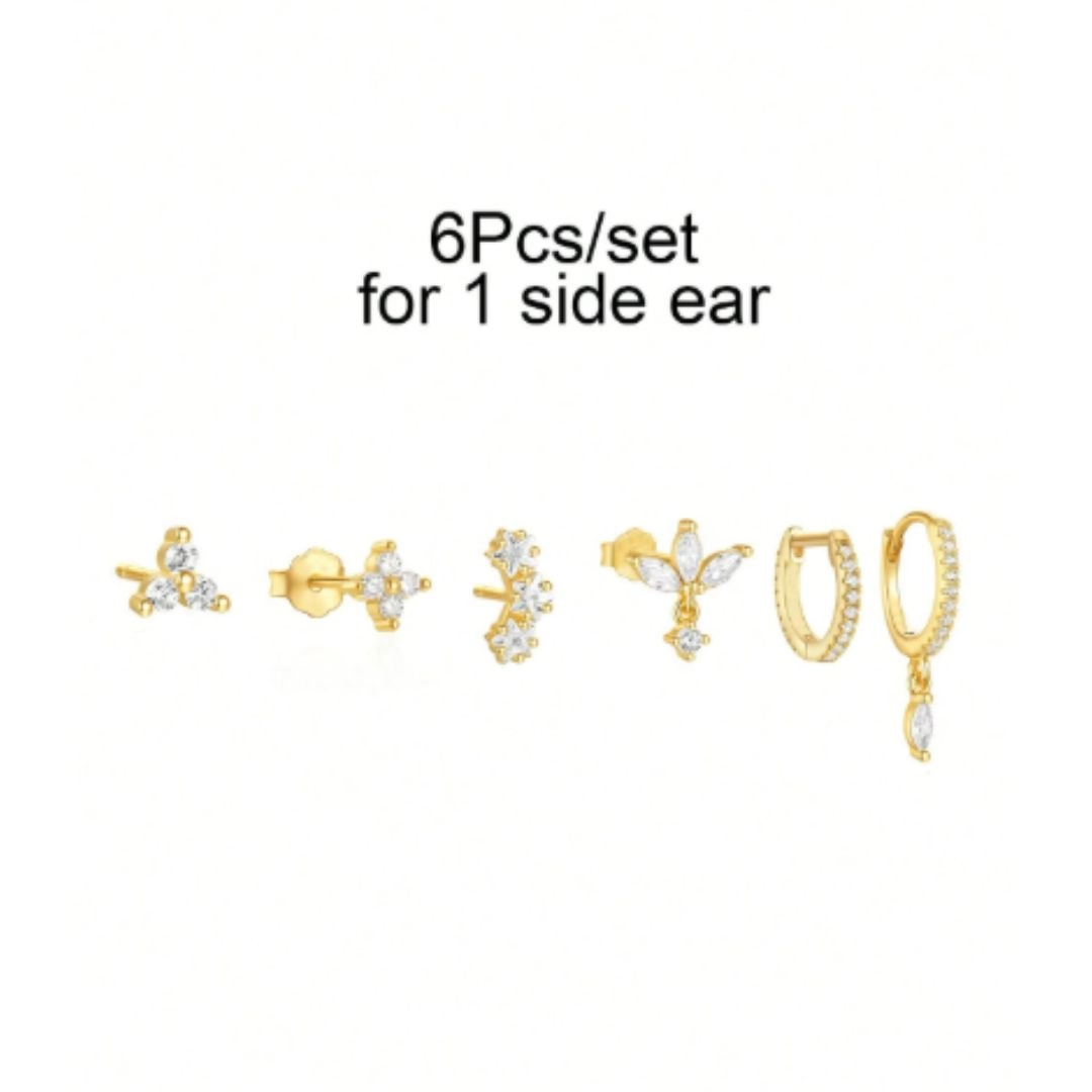 طقم أقراط أذن أحادية الجانب مرصعة بالزيركون - 6 قطع